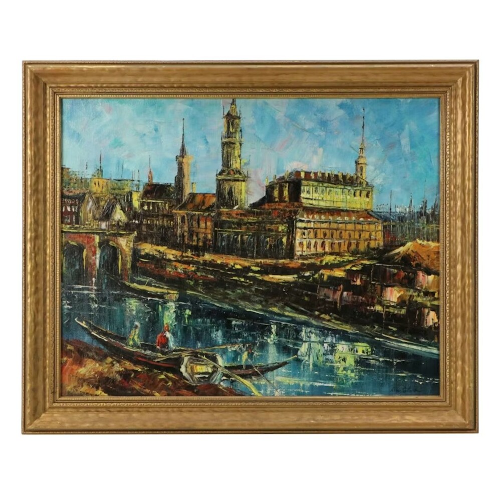 Italian Canal Scene Oil Painting, Mid-20th Century